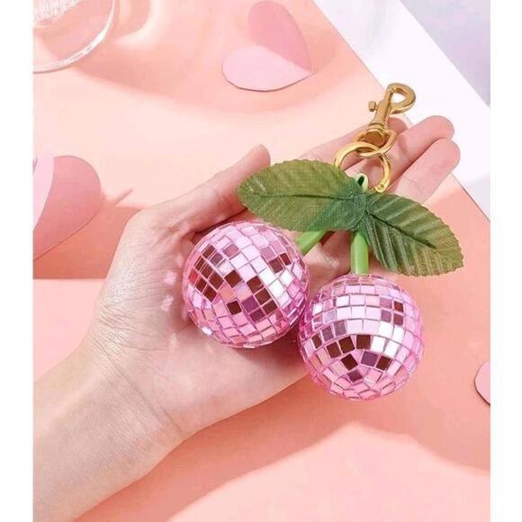 Pink Disco Cherry Keychain, Sparkly Retro Mirror Charm for Purse, Backpack, Bag - Picture 2 of 5
